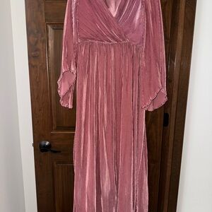 Boohoo Pink Velvet Wrap Gown with Bishop Sleeves